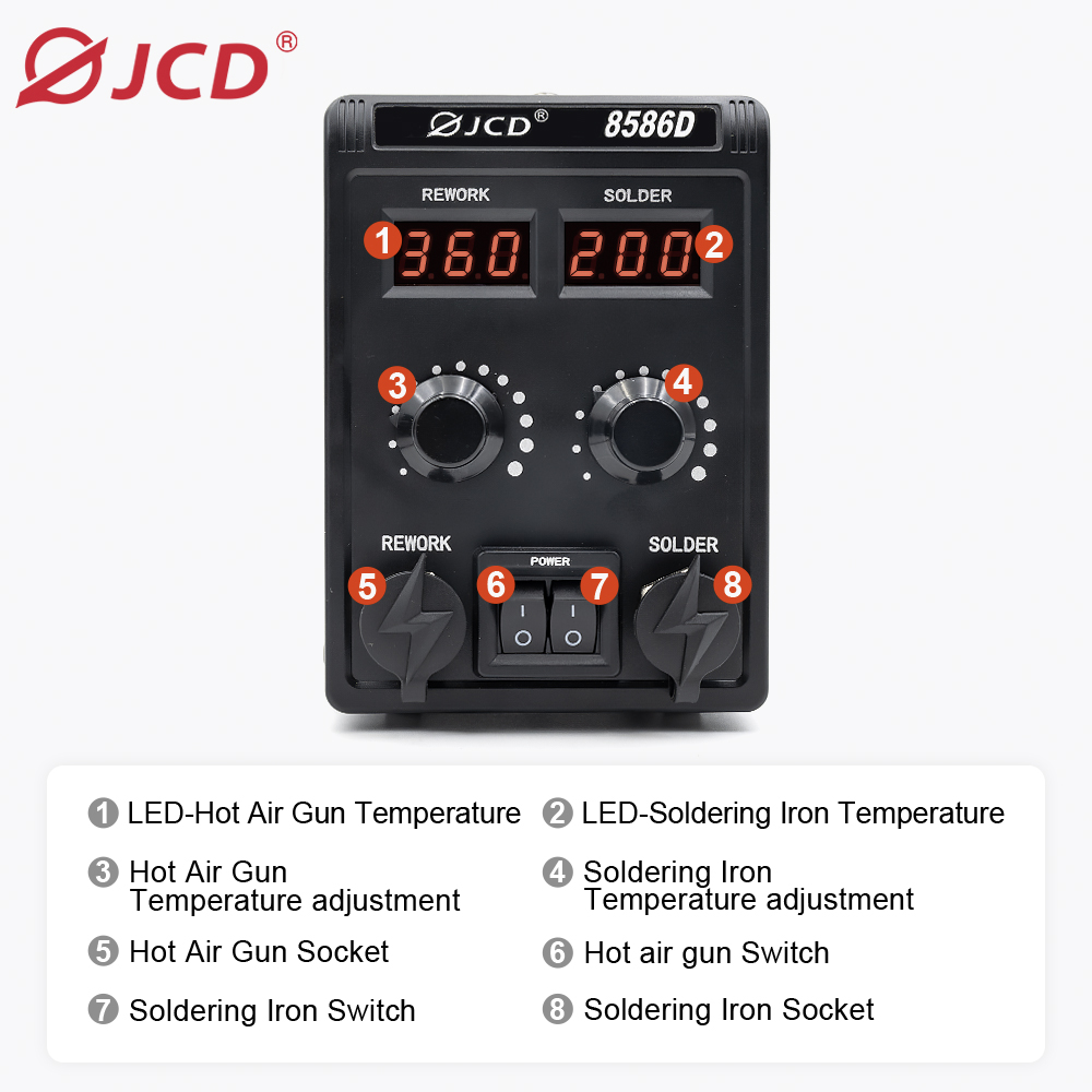 JCD 8586D Stazione di saldatur - Smd Rework Station Hot Air Soldering 2 In 1 recensione e prezzo